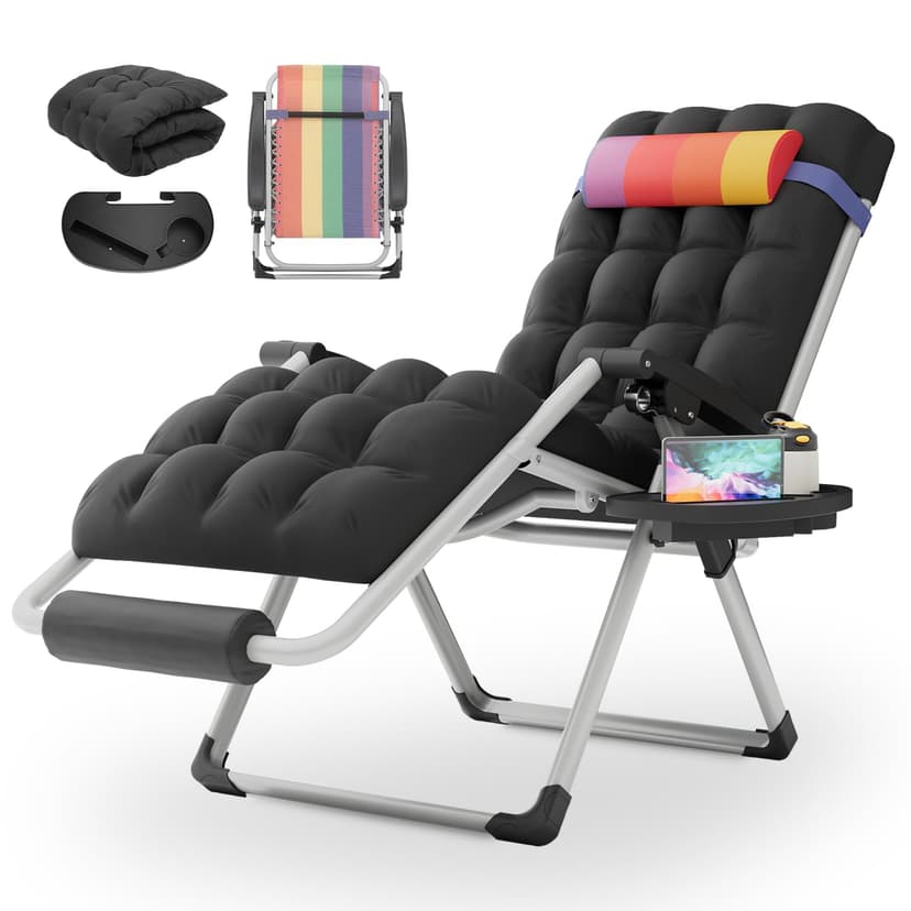MoNiBloom Zero Gravity Lounge Chair with Cushion, Padded Patio Anti Gravity Recliner, Foldable Outdoor Lounger with Cup Holder Tray, Headrest and Footrest for Beach Camping, Rainbow