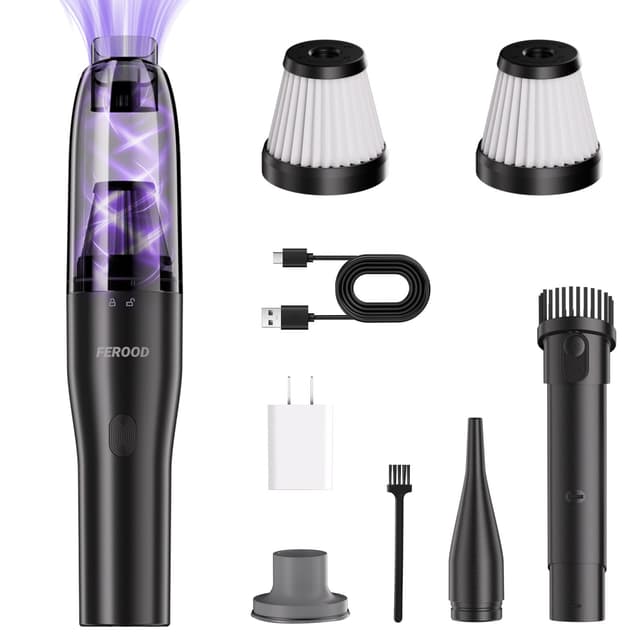 FEROOD 4-in-1 Mini Vacuum Cleaner, Small Hand Held Vacuum Cordless, Strong Suction, Ultra-Quiet 60dB, 0.85 lb for Car,Desk,Drawer,Home, Air Duster/Inflator/Pump, USB Rechargeable Washable Filters