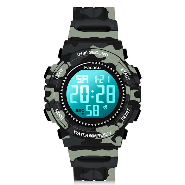 Facasu Camo Sports Watch for Boys-50M Waterproof Kids Teen Boys Digital Watch with Alarm&Snooze,Stopwatch Military Design Silicone Band Gift for Boys-8+ Years Old(Camo Black)