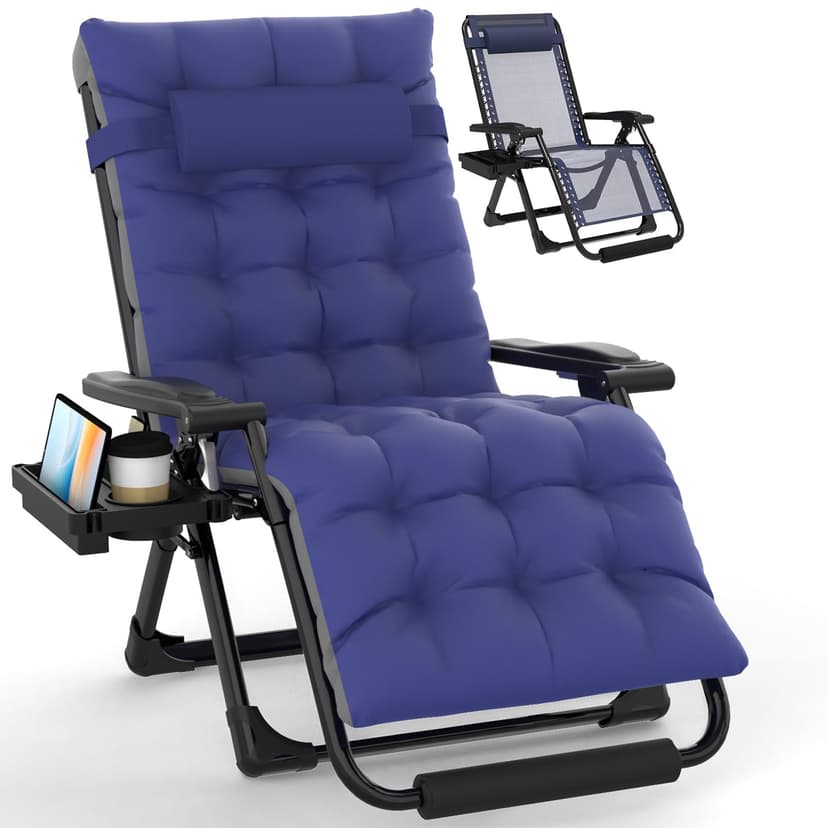 Slendor Oversized Zero Gravity Chair, 29In Padded Zero Gravity Lounge Chair XL, Folding Patio Reclining Chair w/Aluminum Alloy Lock, Headrest, Cup Holder, Support 500lbs, Blue