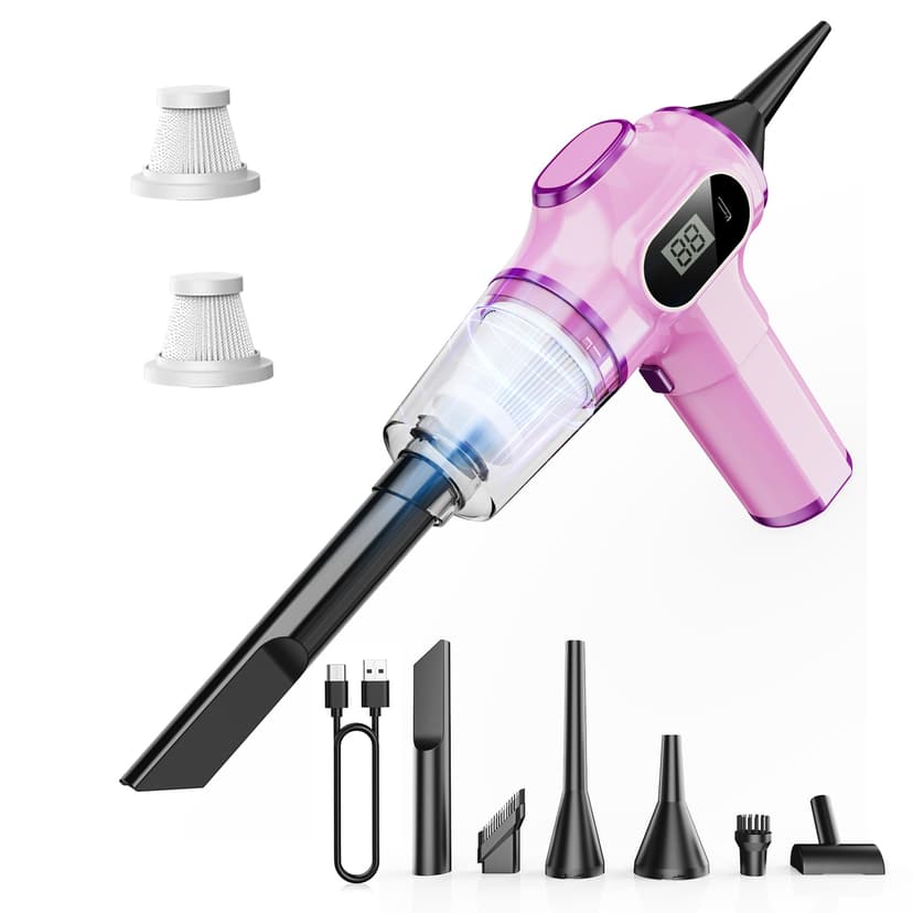Pink Car Vacuum Cleaner,Portable Mini Cordless Small Handheld Vacuum Cleaner with LCD Display and Multi-Nozzles Powerful Hand Held Vacuums for Car,Pet Hair,Home,Office,Sofa,Keyboard
