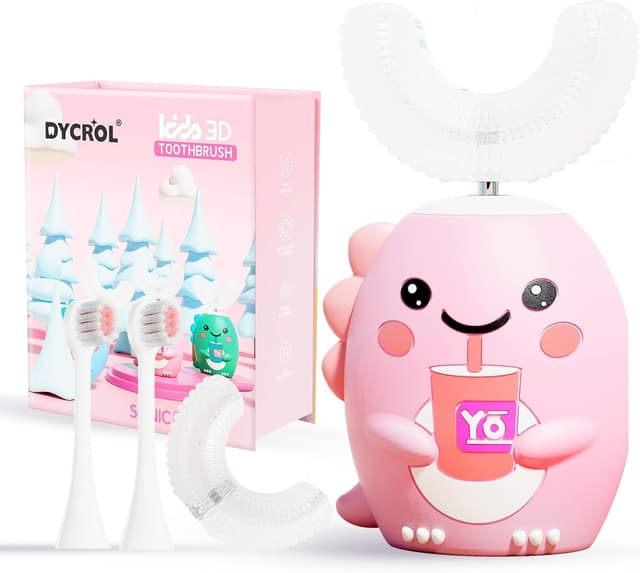 DYCROL Kids U Shaped Electric Toothbrush with 4 Brush Heads, Sonic Toothbrush Kids with 5 Modes, Cartoon Dinosaur 360-Degree Cleaning IPX7 Waterproof Design (2-6 Age (Pink))