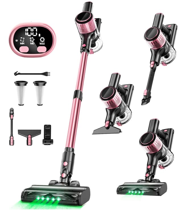VICEASE Cordless Vacuum Cleaner, 8 in 1 Powerful Suction Lightweight Vacuum Cleaner for Home, LED Display, 3 Suction Modes, 45Mins Detachable Battery Vacuum for Hard Floor Carpet Pet Hair, Pink