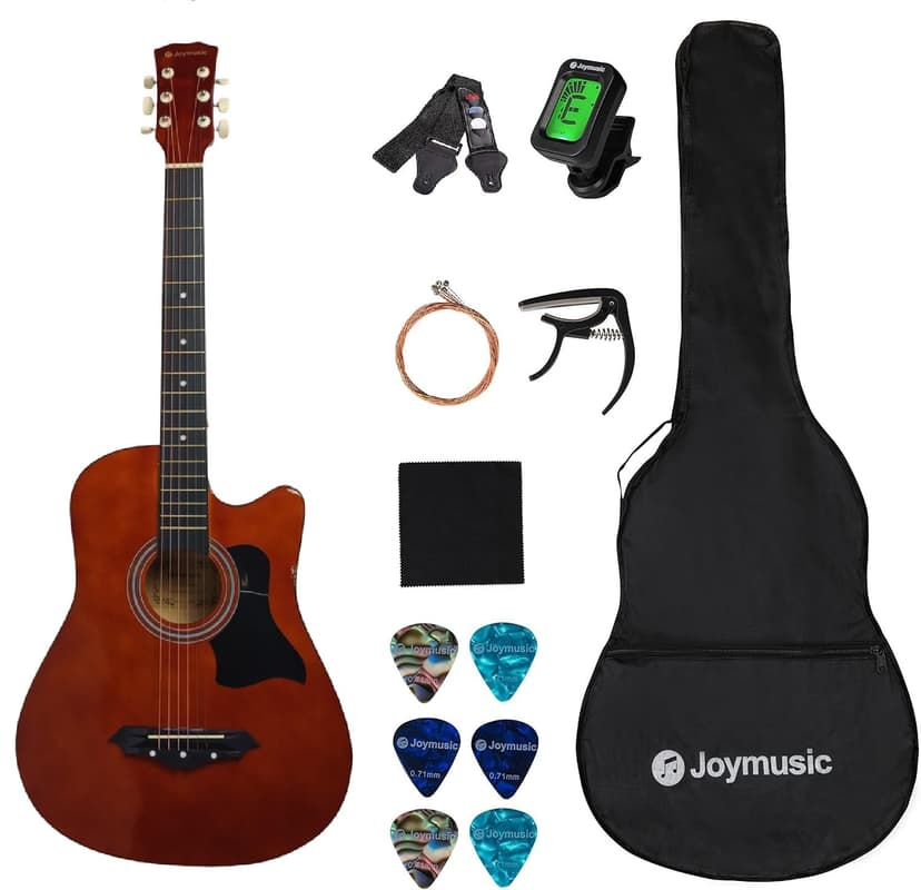 Joymusic 38 inch brown beginner acoustic guitar kit,bundle with a strap with picks holder,digital tuner, set strings, capo,cleaning cloth,6 picks,gig bag.(JG-38C,BR)