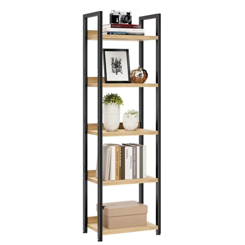 NUMENN Narrow Bookshelf, 5 Tier Bookshelves, Home Office Bookcase Shelf Storage Organizer, Free Standing Storage Shelving Unit for Bedroom, Living Room and Home Office, Natural