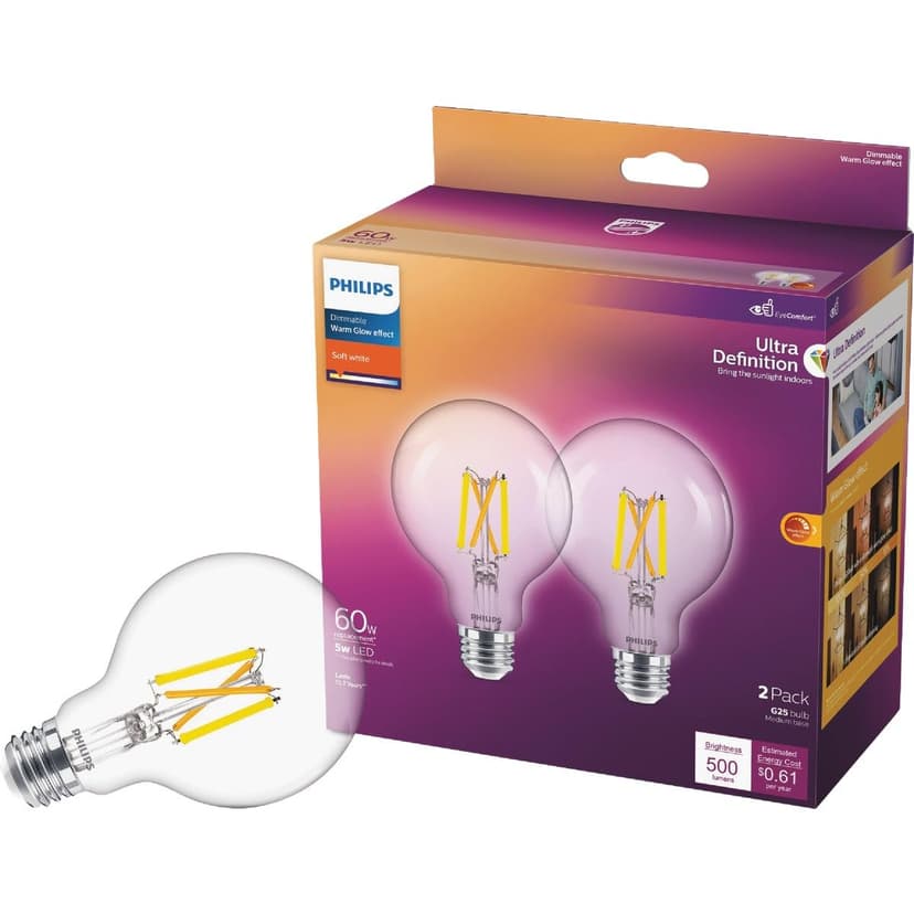 Philips G25 E26 (Medium) LED Bulb Soft White 60 Watt Equivalence 2 pk