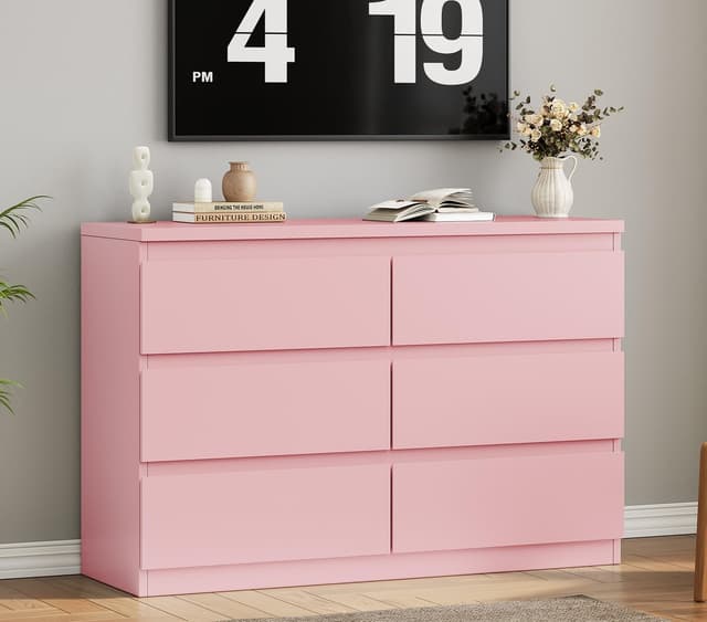 Jocoevol Modern Pink 6 Drawer Dresser - Simply Chest of Drawers for Bedroom, Closet, Living Room, Hallway, Entryway, Wood Storage Double Dresser with Smooth Metal Rails - Pink