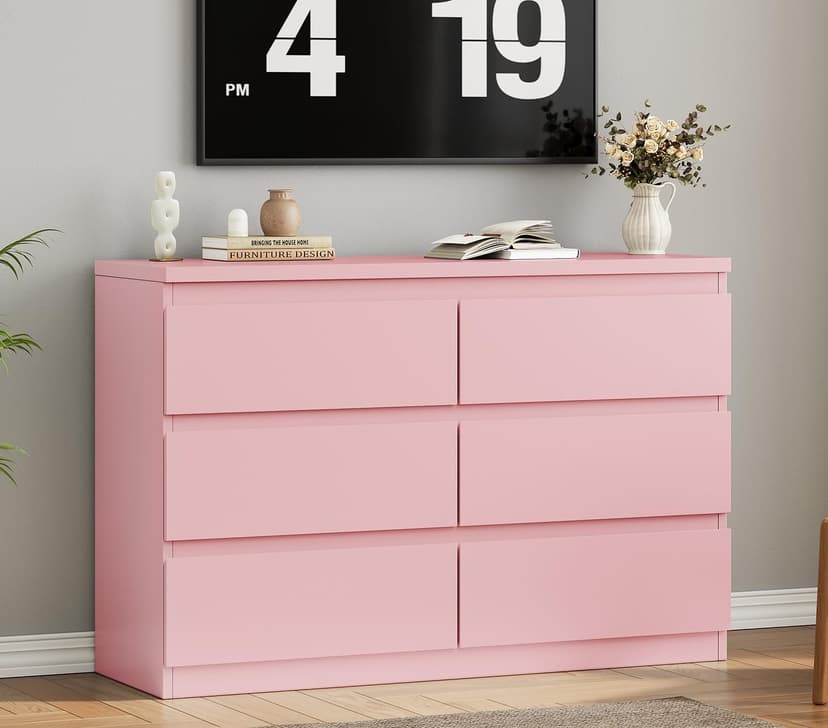 Jocoevol Modern Pink 6 Drawer Dresser - Simply Chest of Drawers for Bedroom, Closet, Living Room, Hallway, Entryway, Wood Storage Double Dresser with Smooth Metal Rails - Pink