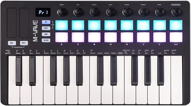 M-VAVE 25 Keys 16 Backlit Drum Pads MIDI Keyboard – Professional Beat Maker and Keytar for Keyboard Music Production Builtin Battery Wireless Connect Black