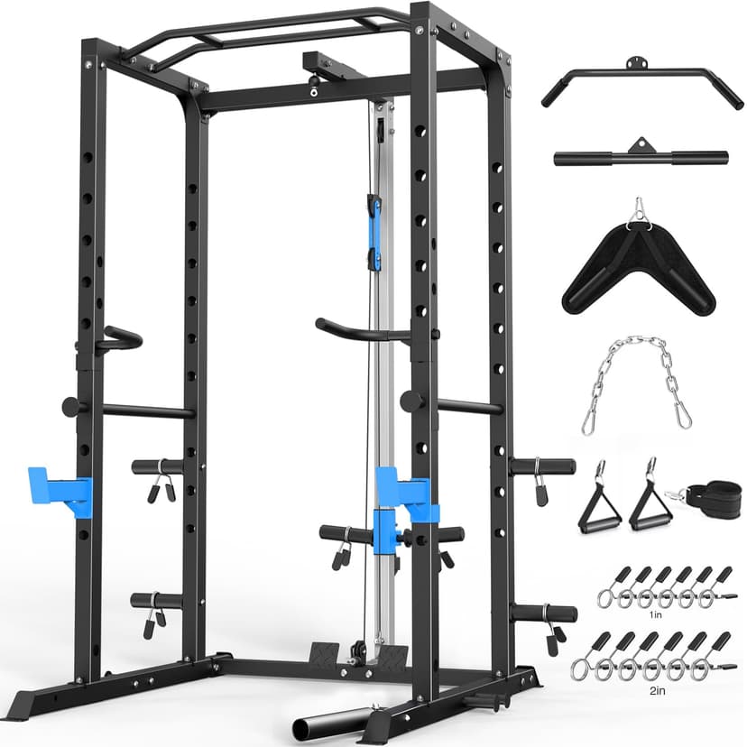 ULTRA FUEGO Power Cage, Multi-Functional Power Rack with J-Hooks, Dip Handles, Landmine Attachment and Optional Cable Pulley System for Home Gym (Power Cage with Pulley System)