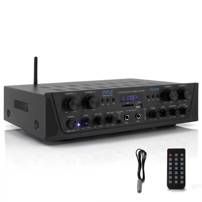 Pyle 500W 4-Channel Karaoke Bluetooth Amplifier / Home Stereo Receiver for Wireless Music Streaming - with AUX - FM - RCA - Sub Out - USB - A / SD MP3 Player - Mic Input with Echo, Vol, Talk-Over