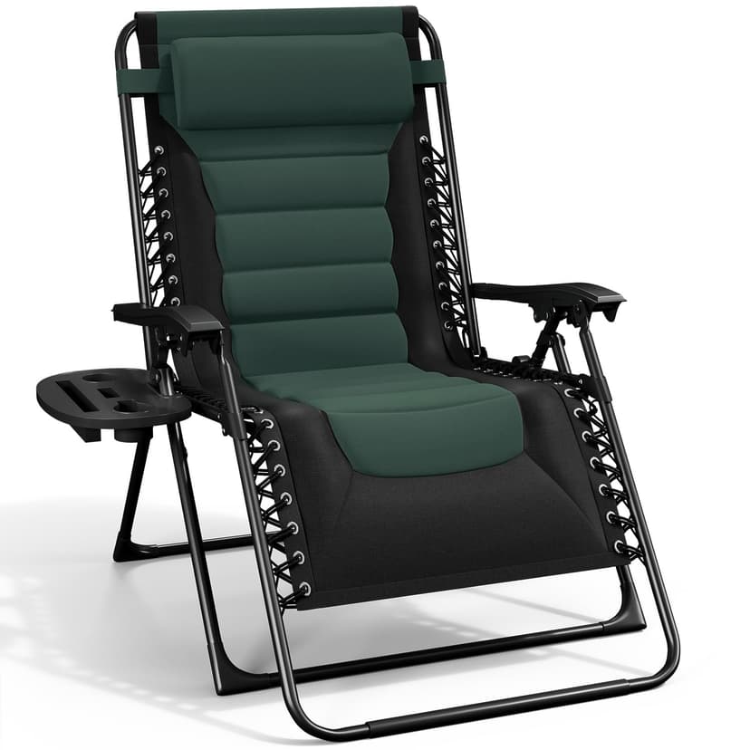 Nestl Outdoor Padded Zero Gravity Chair, Patio Lounge Chair Outdoor Recliner, Oversized Anti Gravity Lounger with Adjustable Headrest and Cup Holder, Foldable for Camping, Yard - Black/Forest Green