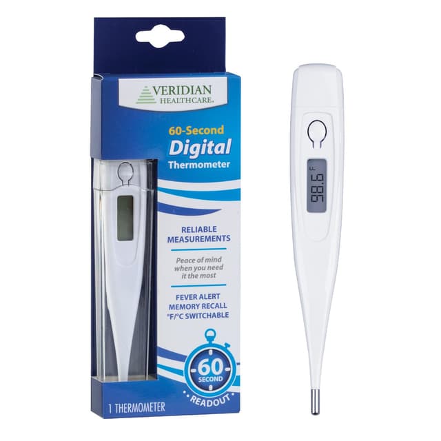 Veridian Digital Thermometer | 60-Second Readout | Fever Alert + Memory Recall| Clinical Rigid Tip | Hygienic Water-Resistant Easy Cleaning | Storage Case + Probe Covers Included