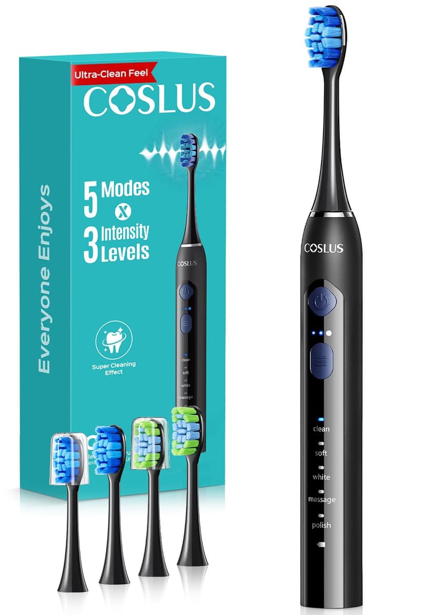COSLUS C30 Electric Toothbrush for Adults: 3 Intensities & 5 Modes Customized for Effective Yet Gentle Ultra-Clean Feel, 2 Types of Heads for Gentle or Daily Care, Travel & Home Use, Black, 1PC