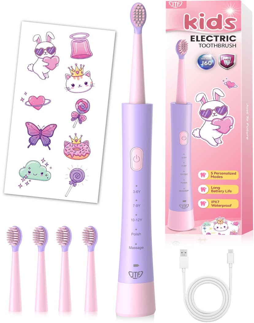 JTF Rechargeable Electric Toothbrush for Kids: 5 Gentle Modes for Ages 3+, Safe & Effective for Sensitive Teeth - with Fun DIY Stickers, 4 Soft Brush Heads, Children Sonic Toothbrush for Home & School
