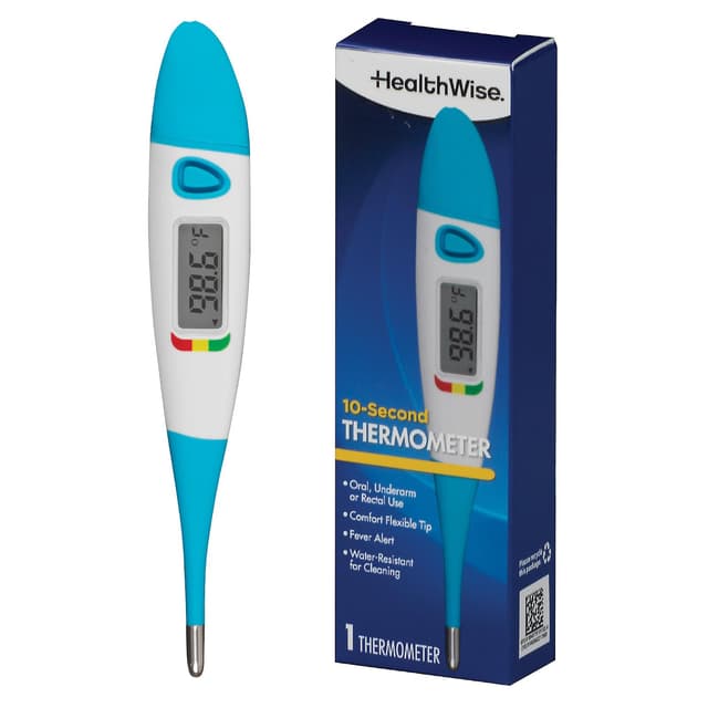Healthwise Digital Thermometer | 10-Second Readout | Feverline Indicator | Flexible Tip | Hygienic Water-Resistant Easy Cleaning | Storage Case + Probe Covers Included
