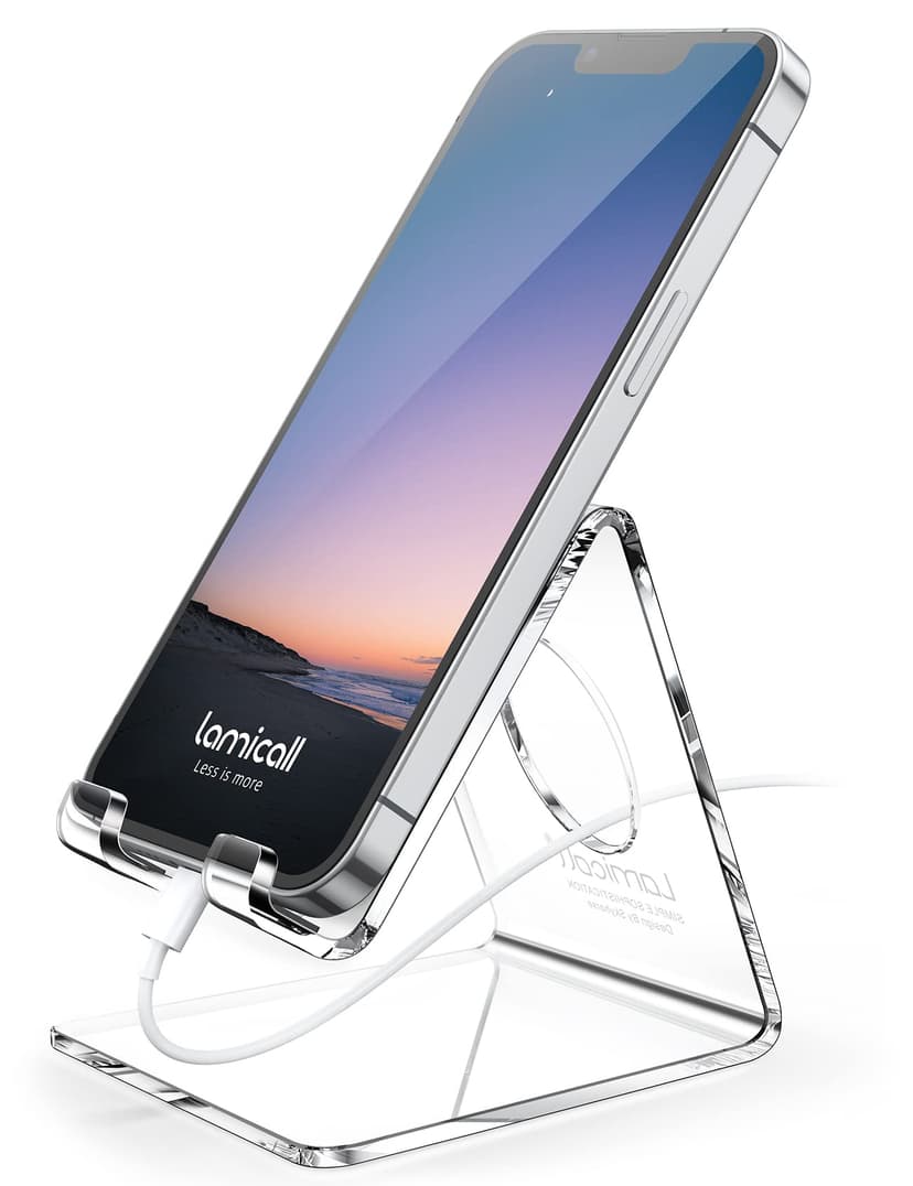 Lamicall Cell Phone Stand, Desk Accessories - Clear Office Cell Phone Holder, Acrylic Phone Stand, Desktop, Acrylic Office Desk Decor Accessories, Suitable for iPhone, 4-8'' Phone, Gifts