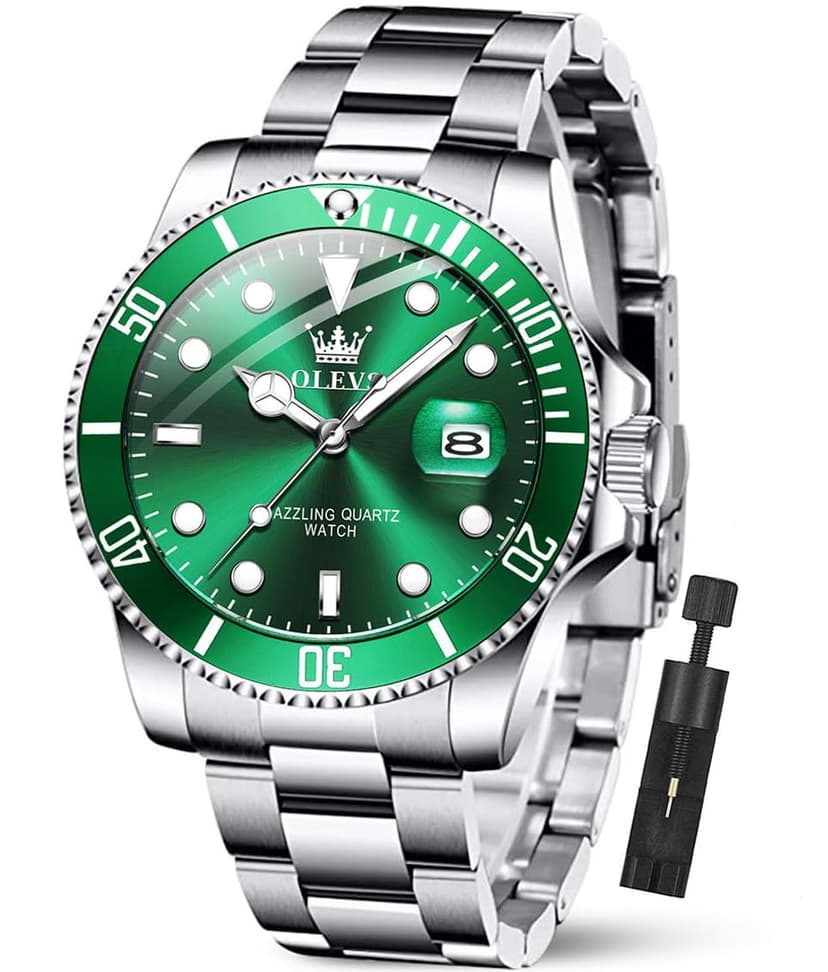 OLEVS Luxury Watches for Men Green Face Men's Wrist Watches Big Dial Man Watch Stainless Steel Waterproof Quartz Analog with Date Fashion Elegant Silver Mens Dress Watch Relojes para Hombres
