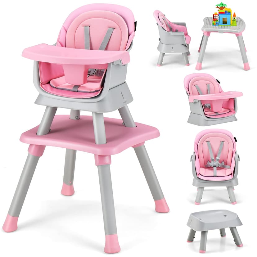 HONEY JOY 8 in 1 Baby High Chair, Convertible Highchair for Babies and Toddlers/Table and Chair Set/Building Block Table/Booster Seat/Stool/Toddler Chair with Safety Harness (Pink)