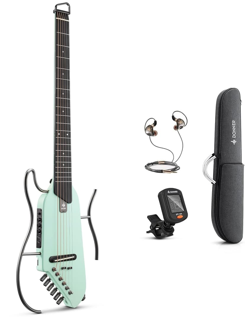 Donner HUSH-I Guitar For Travel, Portable Ultra-Light and Quiet Performance Headless Acoustic-Electric Guitar, Maple Body with Removable Frames, Gig Bag, and Accessories，Mint Green