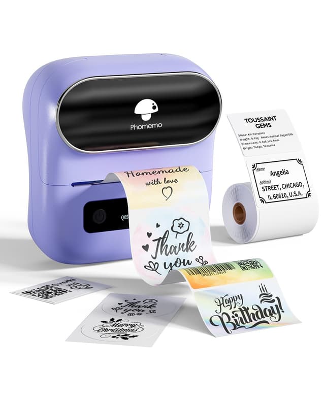 Phomemo M220 Label Maker, Bluetooth Thermal Label Maker Machine for Barcode, Address, Home, Mailing, Small Business,Clothing, Portable Wireless Printer with 1 Rolls Label, Purple