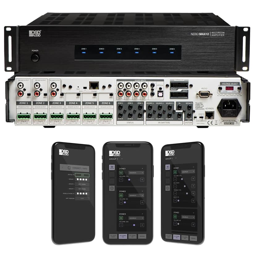 OSD Audio Nero Max12: 6-Zone, 6-Source Amplifier 80W Power, Multi-Room Audio Control, App Integration for iOS & Android, Expand up to 18 Zones, Control4 Driver Support