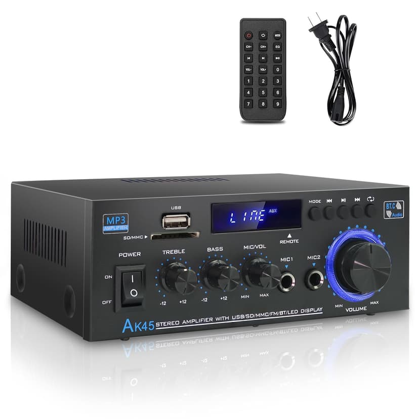 Stereo Home Audio Amplifier Receiver AK45, 400W Bluetooth 5.0 HiFi Stereo Power Amplifier 2.0 Channel RMS 40W x 2 Home Audio System with Remote Control Amp W/MIC,USB,RCA,FM Radio