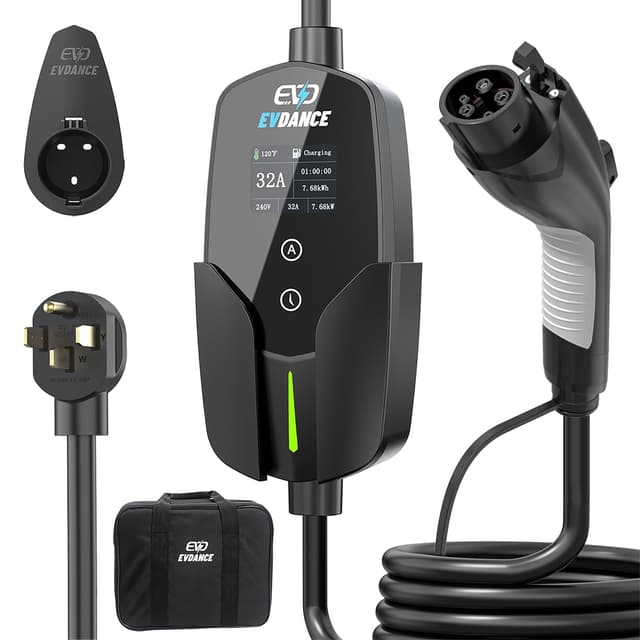 EVDANCE Level 2 EV Charger (32Amp, 240V, NEMA 14-50P), 7.68kW Fast Portable & Home Electric Car Charger with 25ft Cable, Adjustable Current/Delay Chargin for J1772 EVs