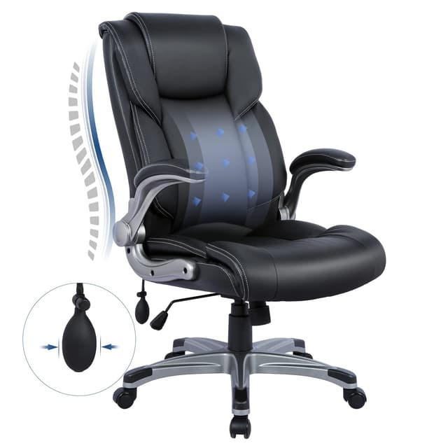 COLAMY High Back Executive Office Chair - Padded Leather Ergonomic Computer Desk Chair with Inflatable Lumbar Support & Flip-Up Arms, Adjustable Tilt Lock Swivel Task Chair for Home Office, Black