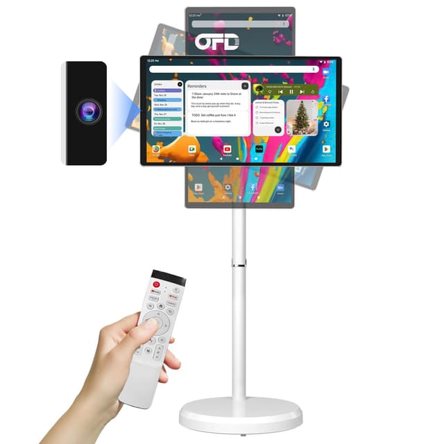 OFD 21.5 Inch 2nd Gen Portable TV on Wheels 1080P,100%sRGB,6+128GB Storage,Android 15 OS Touchscreen RollingTV with 13MP Webcam,Remote Control,Wireless Projection,6000 mAh Battery,EDLA-Certified,White