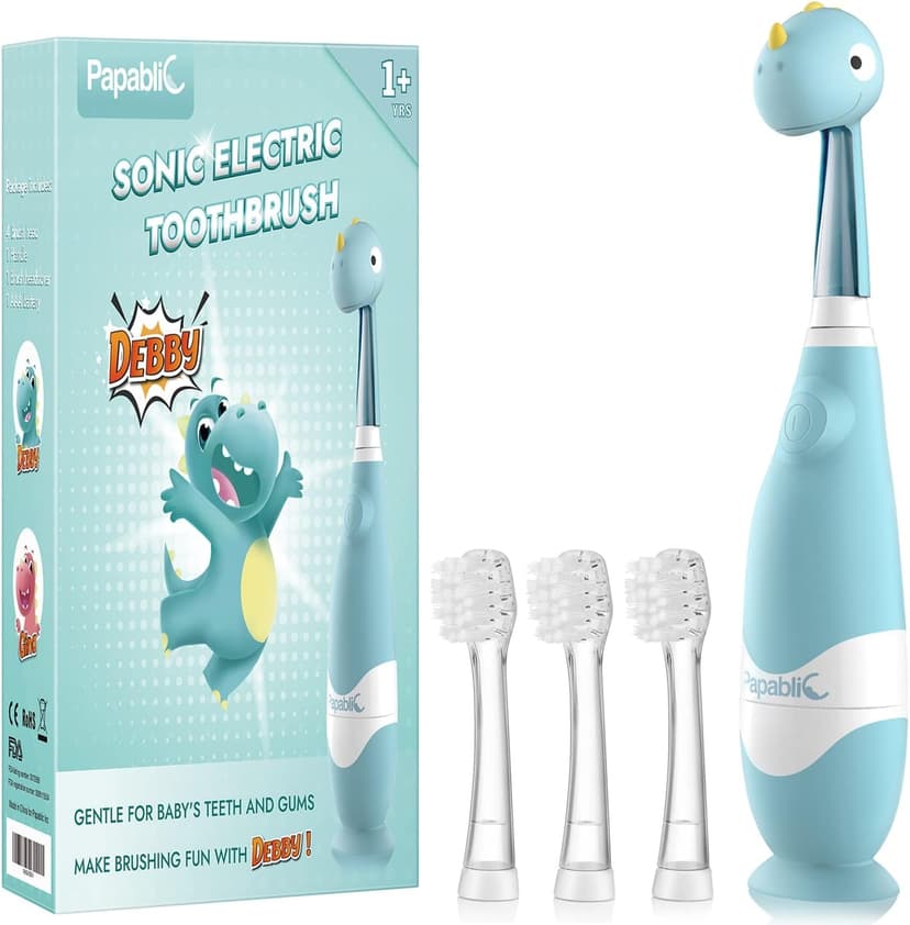 Papablic Toddler Sonic Electric Toothbrush Kids for Ages 1-3 Years, Baby Electric Toothbrush with Cute Dino Cover and Smart LED Timer, 4 Brush Heads (Debby)