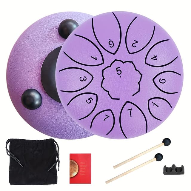 11-Note Steel Tongue Drum - 6 Inch Rain Drum for Garden Outside with Engraved Notes, Carry Bag, Mallets & Music Book(Purple)