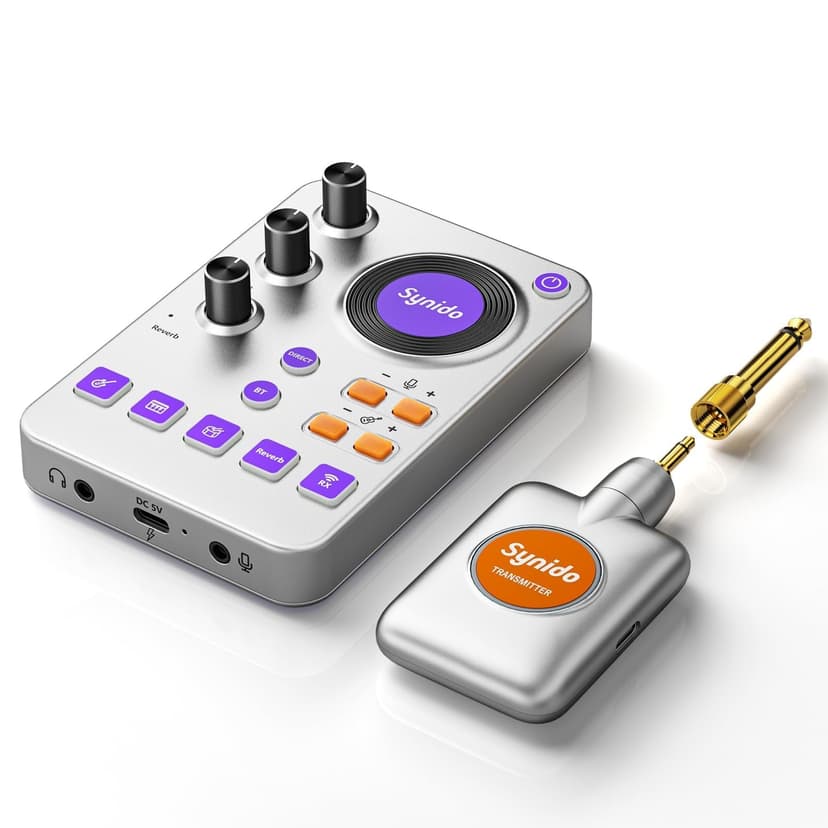 Synido Portable Guitar Audio Interface with 5.8GHz Wireless Guitar Transmitter Rechargeable, 24bit/96kHZ USB-C/Headphone/Mic Ports for Live Streaming/Recording for Phone/PC, 65ft, 6ms Low Latency, A30