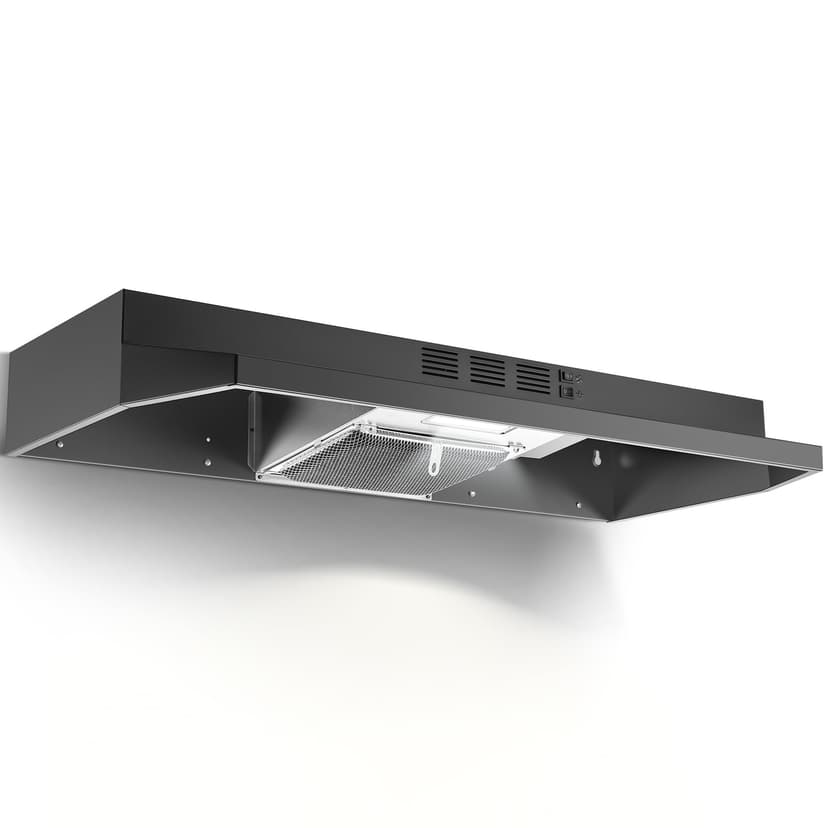 Zomagas Under Cabinet Range Hood 36 inch, Ducted/Ductless Vent Hood with 2 Speeds Fan, Black Range Hood with Rocker Button Control, Kitchen Hood 280CFM, Bright LED Light