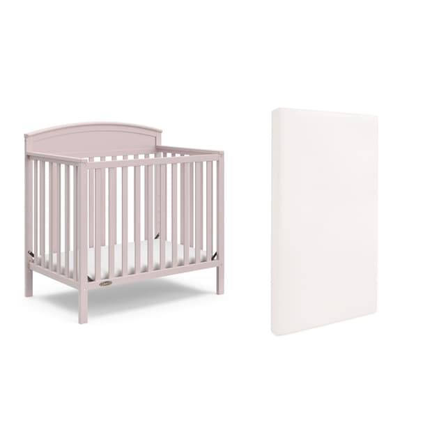 Graco Benton 4-in-1 Convertible Mini Crib with Bonus Crib Mattress (Blush) – GREENGUARD Gold Certified, 2.75-Inch Mattress Included, Baby Crib Converts to Twin Bed, Ideal for Small Spaces
