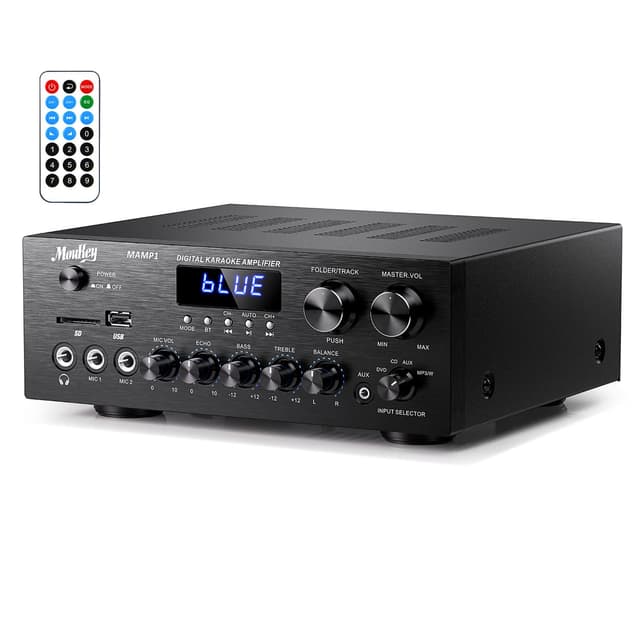 Moukey Stereo Receivers with Bluetooth 5.0, 2.0 Channel Power Audio Amplifier Stereo System w/USB, SD, AUX, RCA, MIC in w/Echo, LED for Karaoke, Home Theater Speakers, 400W Peak, 25W× 2 RMS- MAMP1