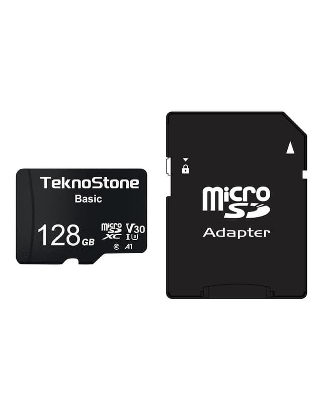 TEKNOSTONE Basic 128GB Micro SDXC Memory Card with Adapter Up to 90MB/s Read Speed U3 V30 A1 Rated HD Video Support TF Card for Dashcams Security Cameras Tablets Phones (1 Pack)