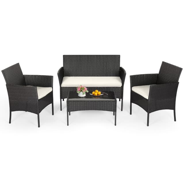 FDW | 4-Piece Patio Furniture Set | Black | Outdoor Wicker Furniture with Coffee Table | Modern Rattan Chairs Conversation Set | Outdoor Seating | Weather-Resistant | for Porch, Garden, Lawn