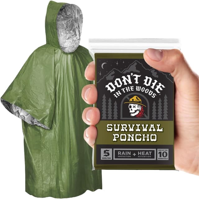 Don't Die In The Woods - Survival Poncho [1-Pack] - Wearable Emergency Blanket For Rain Protection + Heat Retention - 10 Essentials Outdoor Gear For Hiking Camping Hunting First Aid Kit (Green)