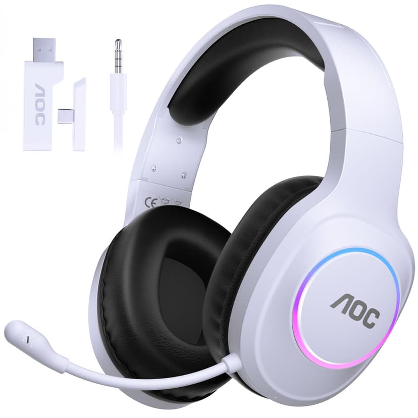 AOC Wireless Gaming Headset Compatible with ps5/4, PC, USB-C & Bluetooth 5.4 & 2.4GHz Gaming Headphones with Noise Canceling Mic, 7.1 Virtual Surround,20ms Latency, 45H, RGB- White