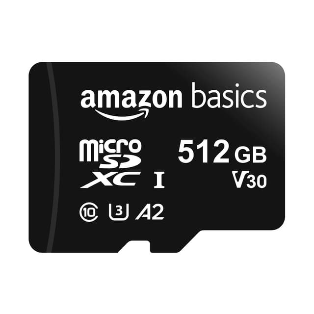 Amazon Basics Micro SDXC Memory Card for Smartphones, Tablets, Action Cameras, Drones, GoPRO with Full Size Adapter, A2, U3, Full HD, Read Speed up to 100 MB/s, 512 GB, Black