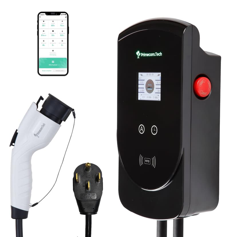 50 Amp - PRIMECOM.TECH Level-2 Smart Electric Vehicle Home Charging Station 220 Volt for Tesla and All EV Brands 30' Feet Length (25 Feet, NEMA 14-50p)