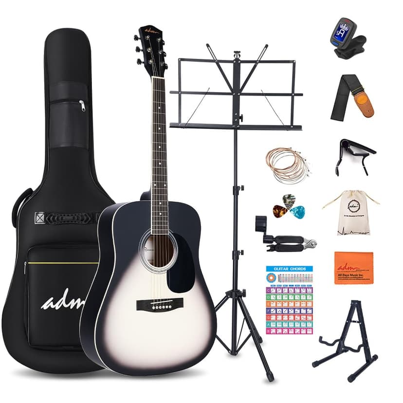 ADM Dreadnought Acoustic Guitar Kit with Free Lesson for Beginner Adult Teen Full Size Acustica Guitarra Starter Bundle Set with Bag Strap Tuner Capo Pickguard Music Stand, Right Hand(Grey, 41 Inch)