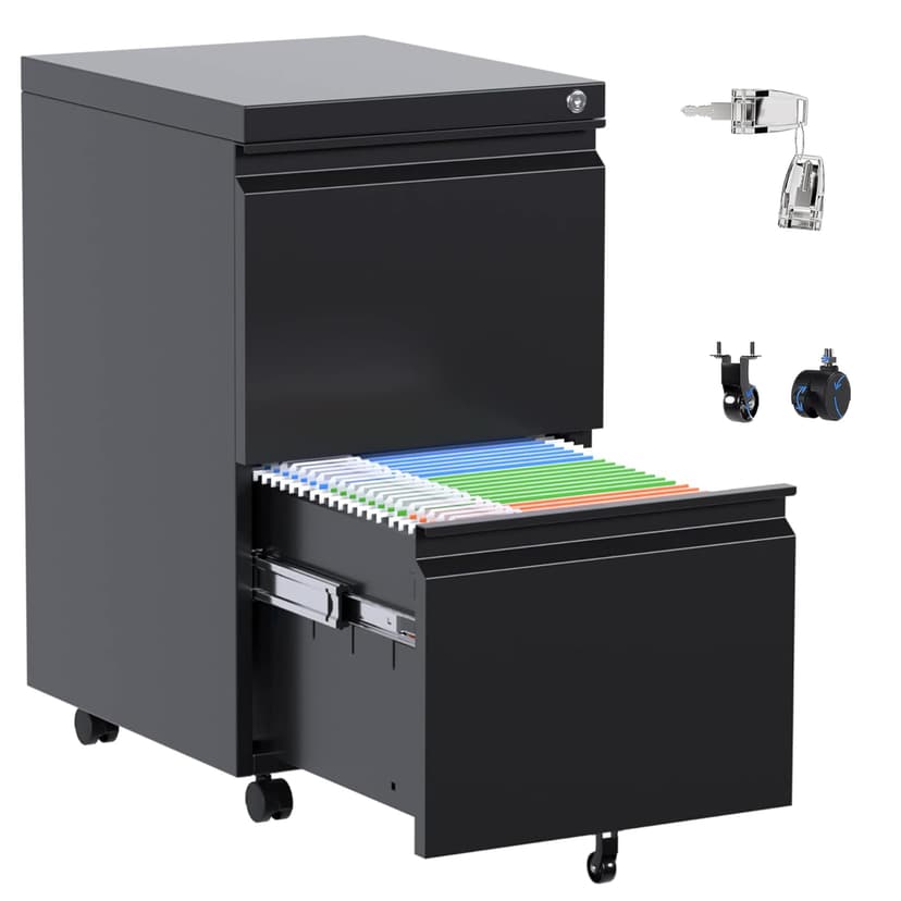 Aobabo 2 Drawer File Cabinet, Metal Filing Cabinet with Lock for Office Legal/Letter Size, Black, Fully Assembled Except Wheels