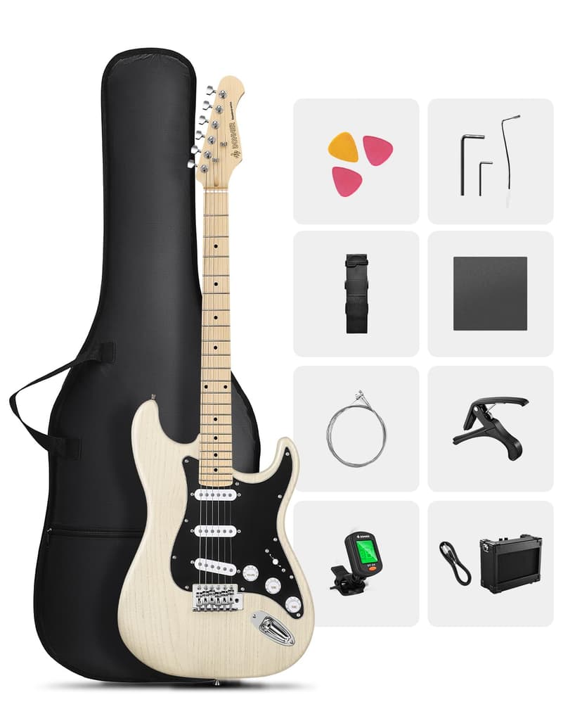 DONNER DST-80 Electric Guitar 39” Beginner Electric Guitar Kit with Amp, Classic SSS Pickup Complete with Gig Bag, Tuner, Capo, Strap, Picks, and Free Online Lessons, Bone White