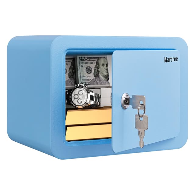 Marcree Mini Safe Box, 0.23 Cub Home Safes for Kids, Steel Money Box with Key Lock, Small Safes for Money Cash Valueables, Stylish Security Safe for Gifts, 6.69 x 9.06 x 6.69 Inches, Blue