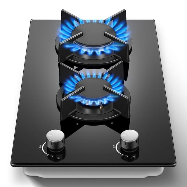 Gas Stove 2 Burner, Propane Cooktop 12 Inch, Built-in Gas Cooktop Black Tempered Glass Stove Top with Thermocouple Protection, LPG/NG Dual Fuel Hob for Apartment, Kitchen, RV