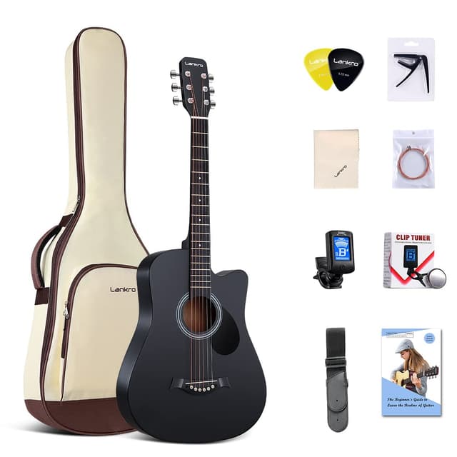 Lankro 38 inch Guitar Black Acoustic Guitar Beginner kit Adult Cutaway Acoustic Guitar Guitarras Starter Set Bundle with Padded Gig Bag, Strap, Capo, Strings, Picks