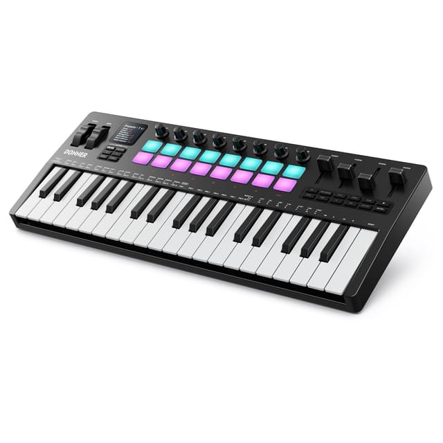 Donner STARRYKEY-37 PLAY MIDI Keyboard Controller, 37 Key Portable MIDI Controller with 128 Build-in Voices, 16 Drum Pads, Arpeggio, Sequencer, USB/Wireless Connection, 4 DAW Software & 40 Courses