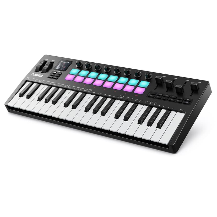 Donner STARRYKEY-37 PLAY MIDI Keyboard Controller, 37 Key Portable MIDI Controller with 128 Build-in Voices, 16 Drum Pads, Arpeggio, Sequencer, USB/Wireless Connection, 4 DAW Software & 40 Courses